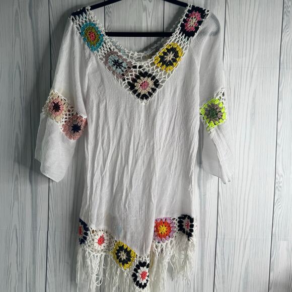 None Tops - Dasaya Bohemian Hippie Gypsy Multicolored Crochet Fringe Festival Tunic Top Med